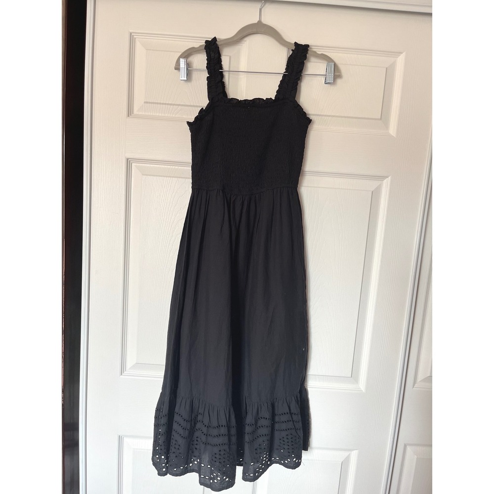 And Now This Black Smocked Eyelet Hem Ruffle Strap Midi Dress Womens XS NEW